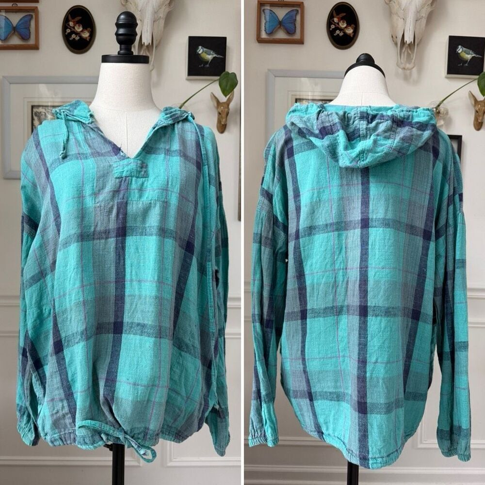 Vintage 90s Plaid Pullover Hoodie Cotton Pockets OSFM
